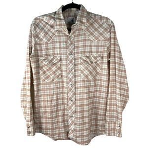 Round-Up Vintage Pearl Snap Plaid Cream Red Long Sleeve Shirt Men's Size Medium